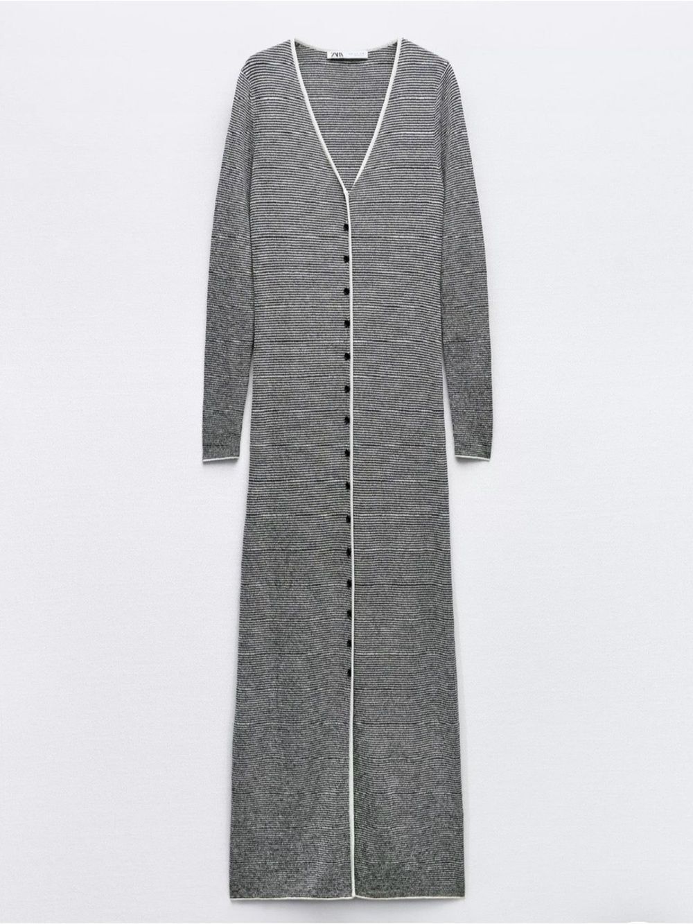 Zara Gray Ribbed Button-Front V‑Neck Maxi Dress